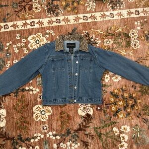 No Boundaries Denim Jacket with Leopard Print Collar